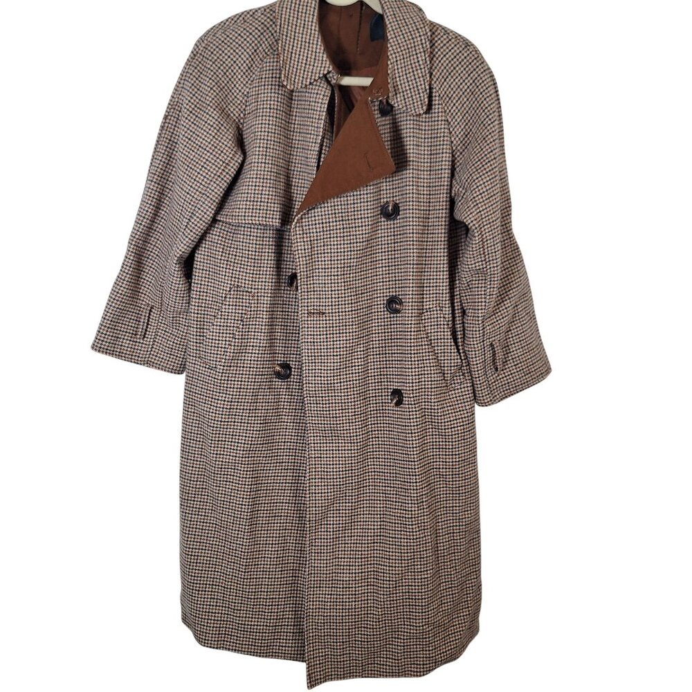 Vintage Pinkwin Houndstooth Wool Blend Trench Coat Brown Size Small With Elastic